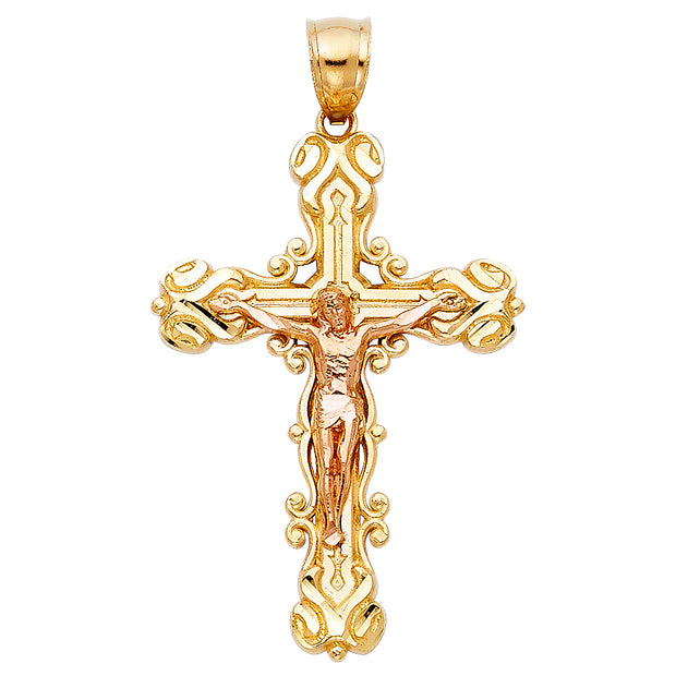 14K Gold Crucifix Charm Pendant with 3.1mm Figaro 3+1 Chain Necklace