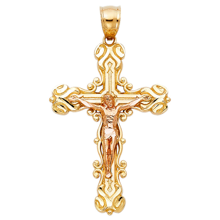 14K Gold Religious Crucifix Charm Pendant with 1.2mm Box Chain Necklace