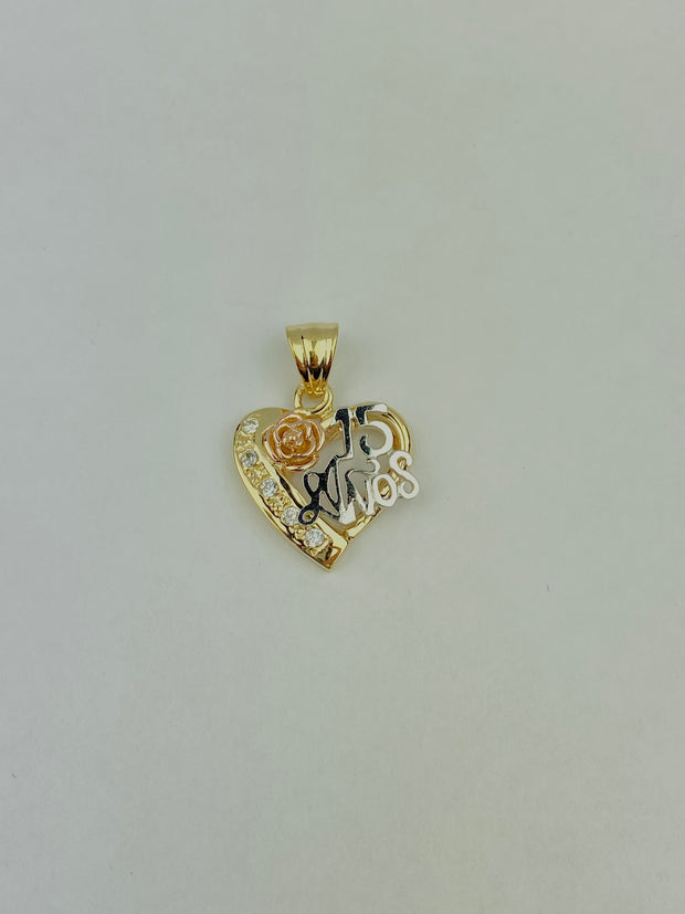 14K Gold Quinceanera Heart and Flower CZ Charm Pendant