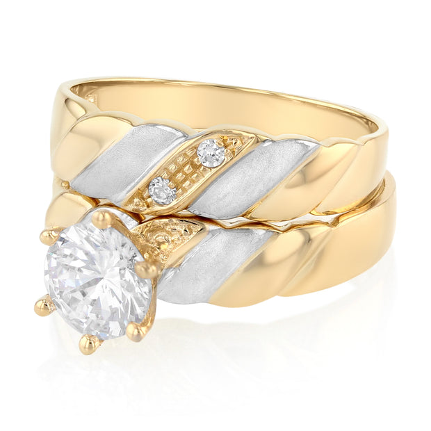 14K Solid Gold Two Tone Gold 2 Piece Bridal Set CZ Women's Wedding Ring