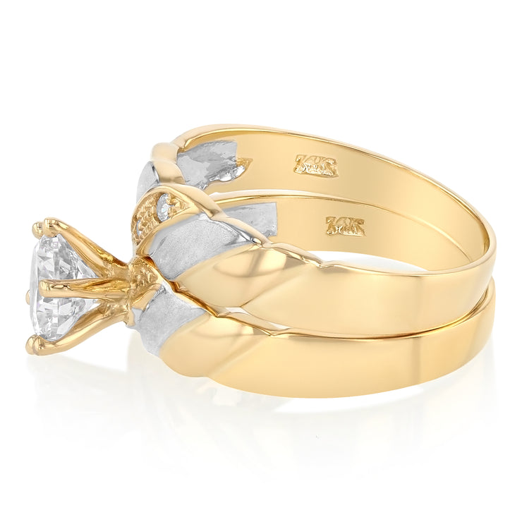 14K Solid Gold Two Tone Gold 2 Piece Bridal Set CZ Women's Wedding Ring