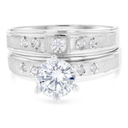 14K Solid White Gold Two Tone CZ Wedding Engagement Ring 2 Piece Bridal Set