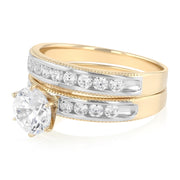 14K Solid Gold Two Tone CZ Wedding Engagement Ring 2 Piece Bridal Set