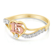 14K Solid Gold 15 Years Birthday CZ Heart Quinceanera Ring