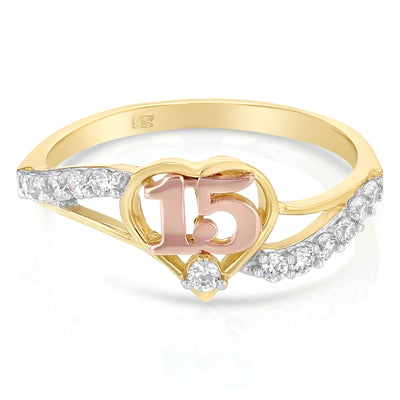 14K Solid Gold 15 anos Years Birthday CZ Heart Quinceanera Ring
