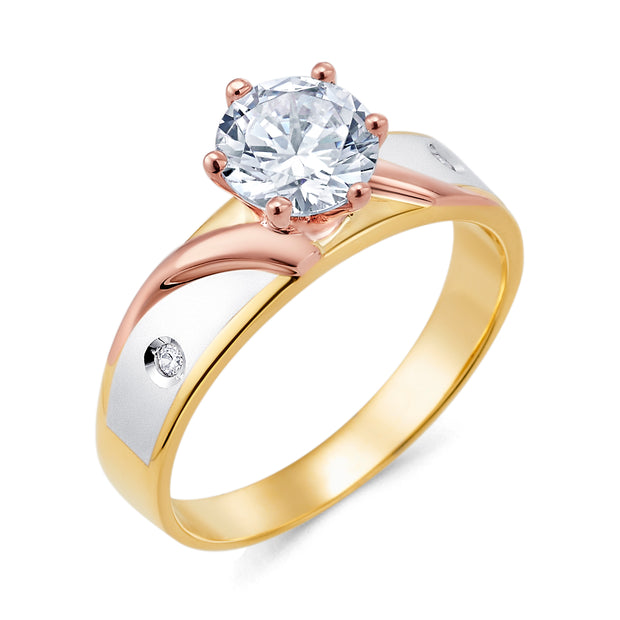 14K Tri Color Solid Gold 1 Ct. Round Cut CZ Engagement Ring and Wedding Band 2 Piece Bridal Set