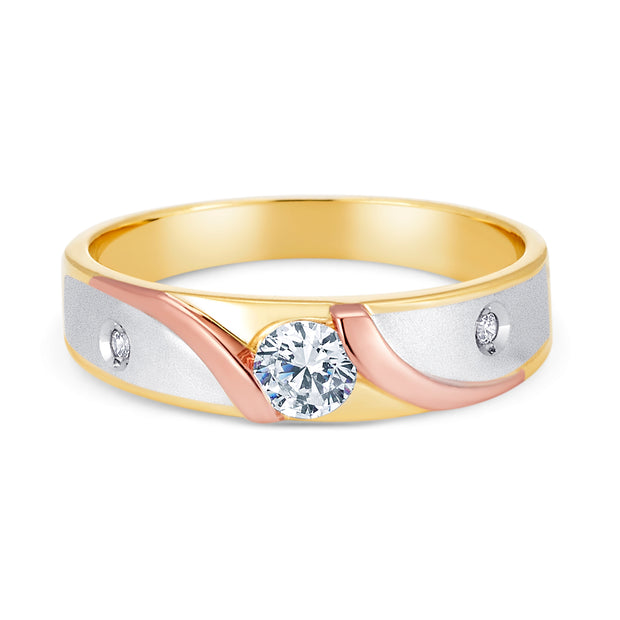14K Tri Color Solid Gold 1 Ct. Round Cut CZ Engagement Ring and Wedding Band 2 Piece Bridal Set