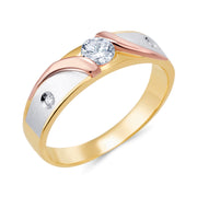 14K Tri Color Solid Gold 1 Ct. Round Cut CZ Engagement Ring and Wedding Band 2 Piece Bridal Set