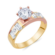 14K Tri Color Solid Gold 1 Ct. Round Cut CZ Wedding Engagement Ring 2 Piece Bridal Set