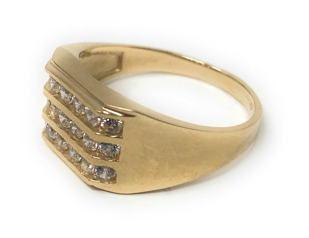 14K Solid Gold 10MM 3 CZ Row Men's Ring