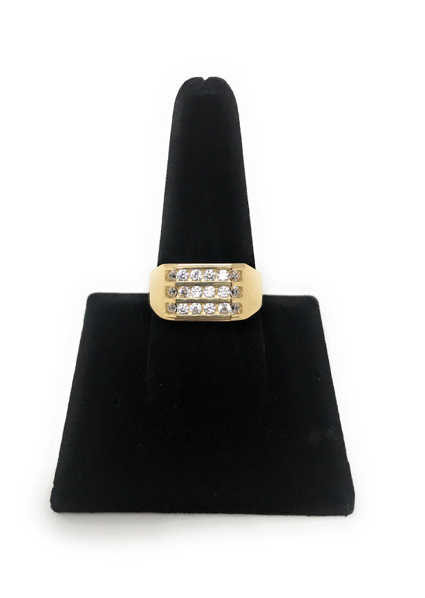 14K Solid Gold 10MM 3 CZ Row Men's Ring