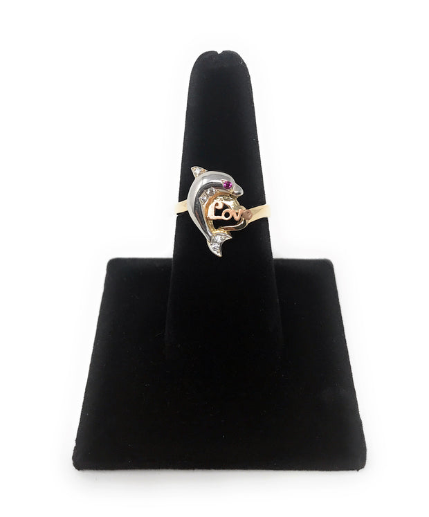 14K Solid Gold CZ Fancy Dolphin with Heart Ring