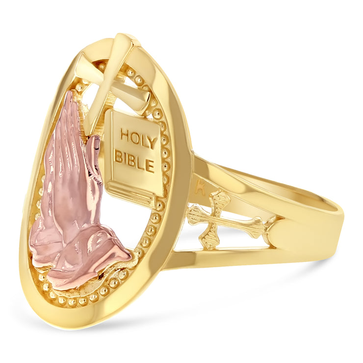 14K Solid Gold Praying Hands & Cross Religious Ring