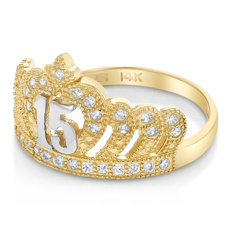 14K Solid Gold CZ 15 Years Birthday Princess Quinceanera Ring