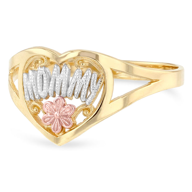 14K Solid Gold Heart Mommy Ring