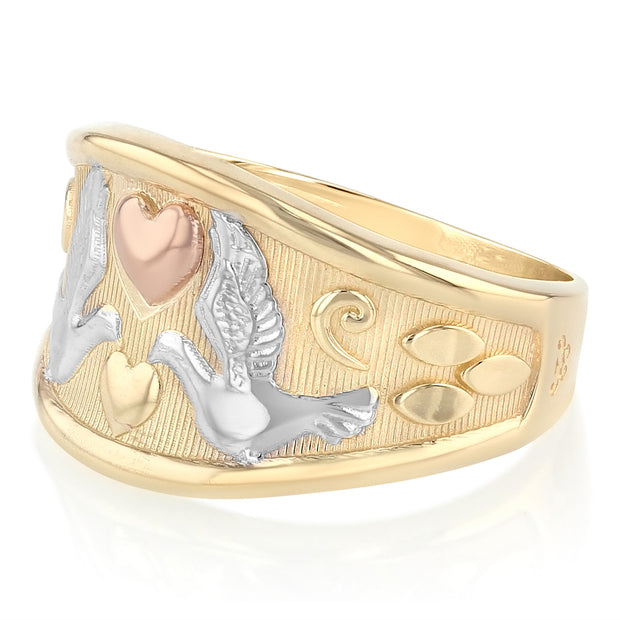 14K Solid Gold Fancy Dove and Heart Ring