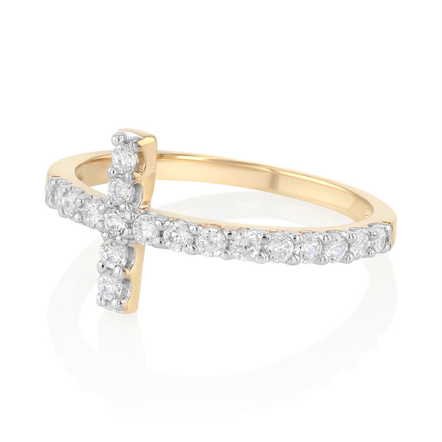 14K Solid Gold Sideways CZ Cross Ring