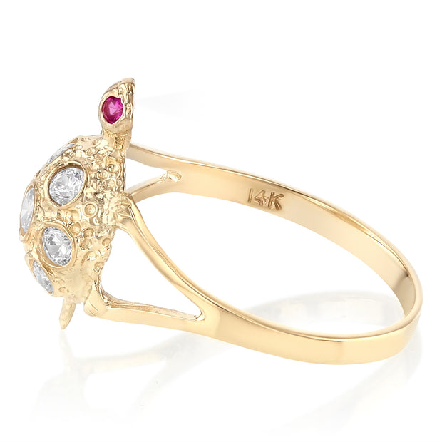 14K Solid Gold Red Eyed CZ Turtle Lucky Ring