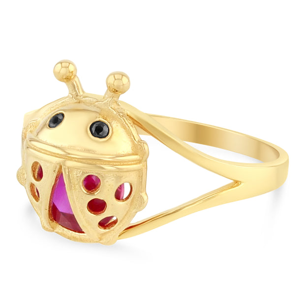 14K Solid Gold Red CZ Ladybug Babies Ring