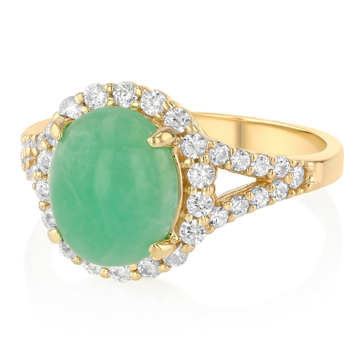 14K Solid Gold Oval Cut Green Jade CZ Vintage Ring
