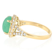 14K Solid Gold Oval Cut Green Jade CZ Vintage Ring