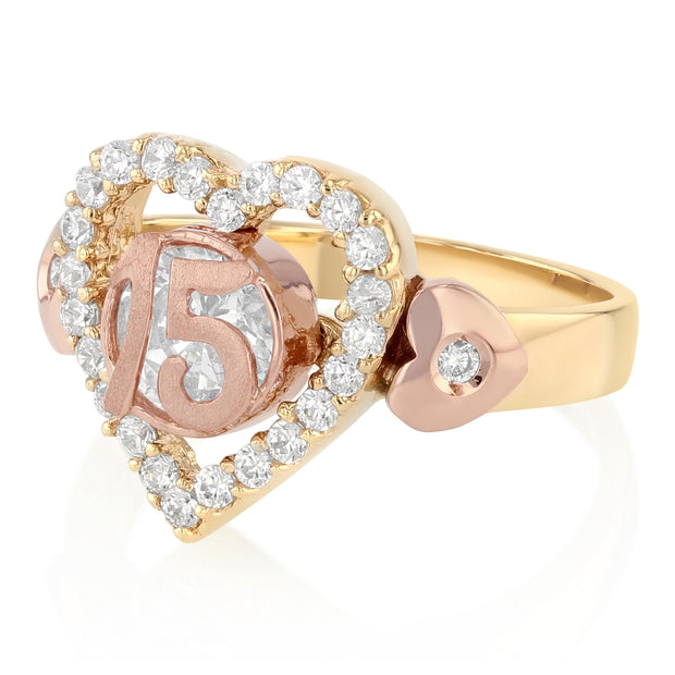 14K Solid Gold CZ Heart Cut 15 Years Quinceanera Ring