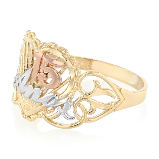 14K Solid Gold Heart Cut QuinceaneraÂ CZ Ring