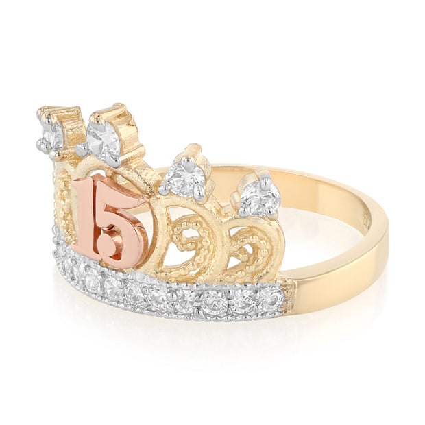 14K Solid Gold QuinceaneraÂ CZ Princess Crown OR Tiara Ring