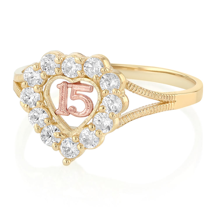 14K Solid Gold Quinceanera CZ Heart Cut Ring