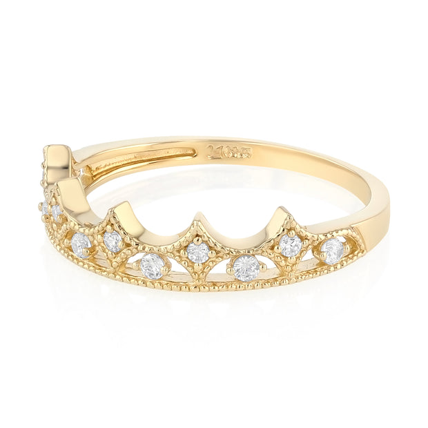 14K Solid Gold CZ Princess Crown OR Tiara Stackable Band Ring
