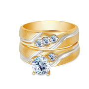 14K Two Tone Solid 1 Ct. Round Cut Solitaire Gold CZ Wedding Engagement Ring 2 Piece Bridal Set