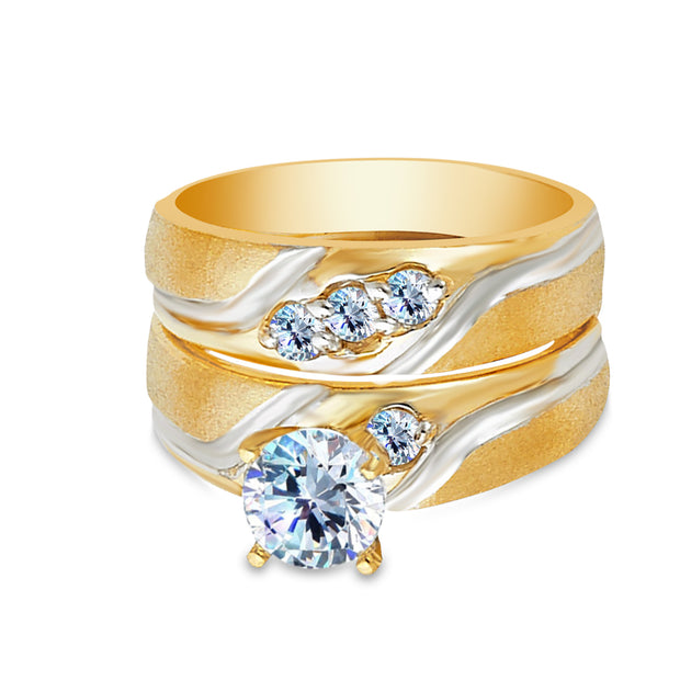 14K Two Tone Solid 1 Ct. Round Cut Solitaire Gold CZ Wedding Engagement Ring 2 Piece Bridal Set