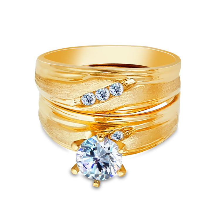 14K Yellow Solid Gold 1 Ct. Round Cut Solitaire CZ Wedding Engagement Ring 2 Piece Bridal Set