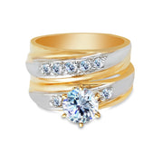 14K Two Tone Solid Gold 1 Ct. Round Cut Solitaire CZ Wedding Engagement Ring 2 Piece Bridal Set