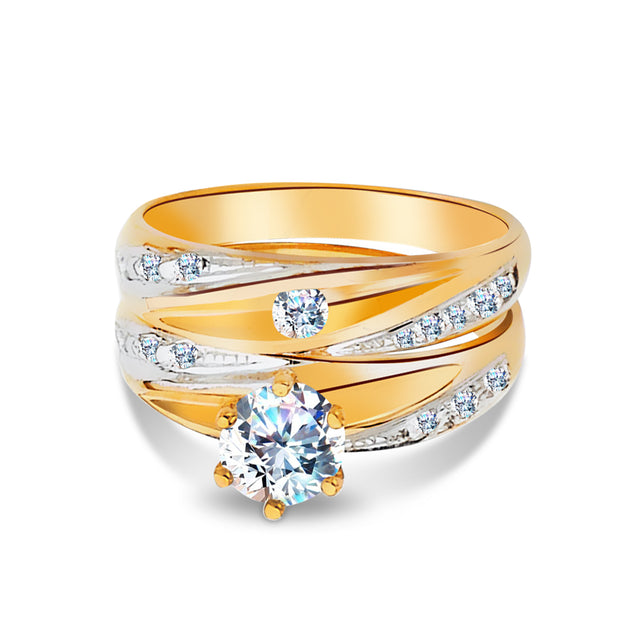 14K Solid Gold Two Tone CZ Wedding Engagement Ring 2 Piece Bridal Set