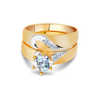 14K Solid Gold Two Tone CZ Wedding Engagement Ring 2 Piece Bridal Set