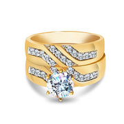 14K Solid Gold Two Tone CZ Wedding Engagement Ring 2 Piece Bridal Set