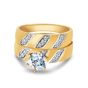 14K Solid Gold Two Tone CZ Wedding Engagement Ring 2 Piece Bridal Set