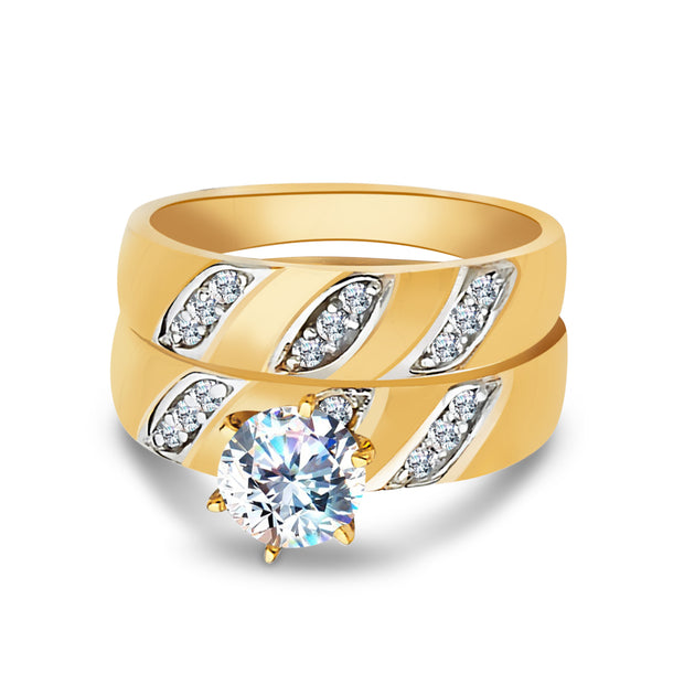 14K Solid Gold Two Tone CZ Wedding Engagement Ring 2 Piece Bridal Set