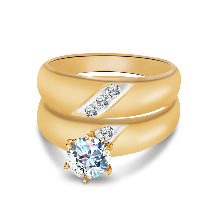14K Solid Gold Two Tone CZ Wedding Engagement Ring 2 Piece Bridal Set