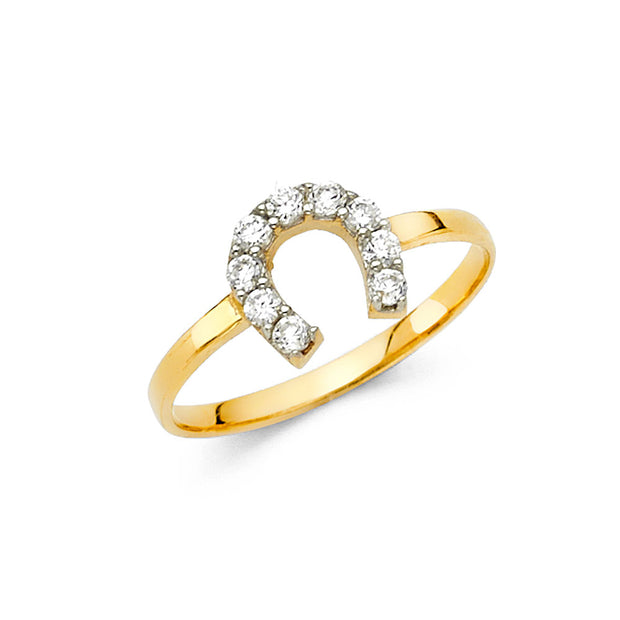 14K Solid Gold CZ Lucky Horseshoe Fancy Ring
