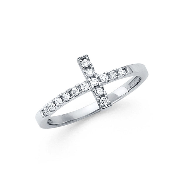 14K Solid Gold Sideways CZ Cross Ring