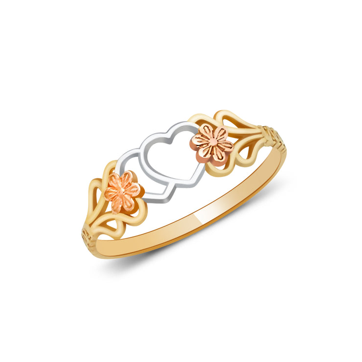 14K Solid Gold Double Heart and Flower Ring