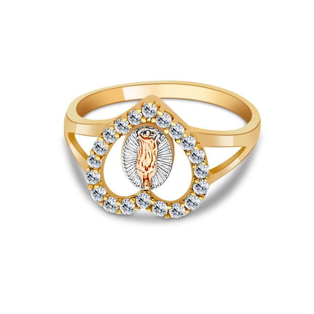 14K Solid Gold Heart CZ Religious Ring