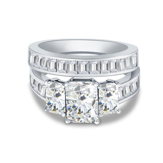 14K White Solid Gold 1.5 Ct. Tri Emerald Cubic Zirconia CZ Wedding Engagement Ring 2 Piece Bridal Set