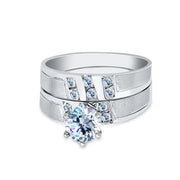 14K Solid White Gold 1 Ct. Round Cut CZ Wedding Engagement Ring 2 Piece Bridal Set