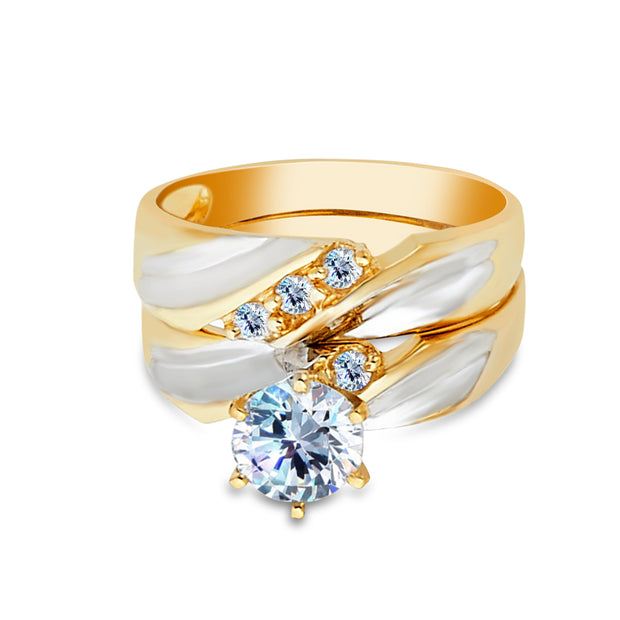 14K Two Tone Solid Gold 1 Ct. Round Solitaire CZ Wedding Engagement Ring 2 Piece Bridal Set