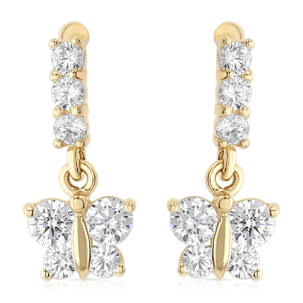 14K Gold CZ ButterFly Drop Stud Earrings