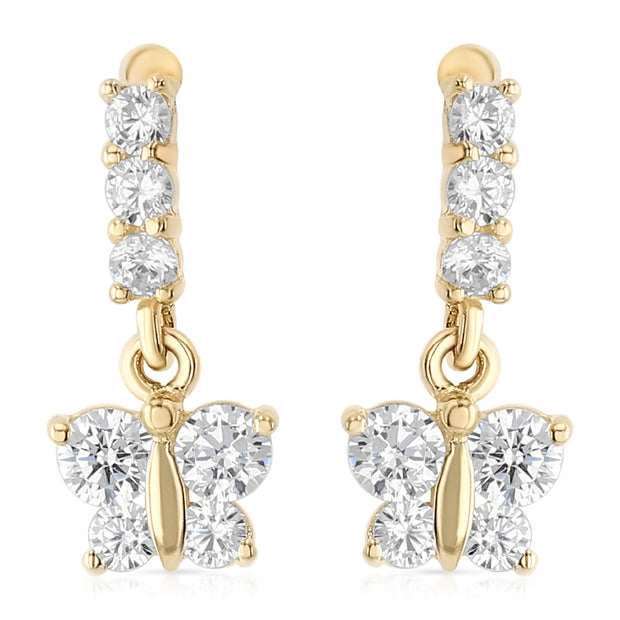 14K Gold CZ ButterFly Drop Stud Earrings