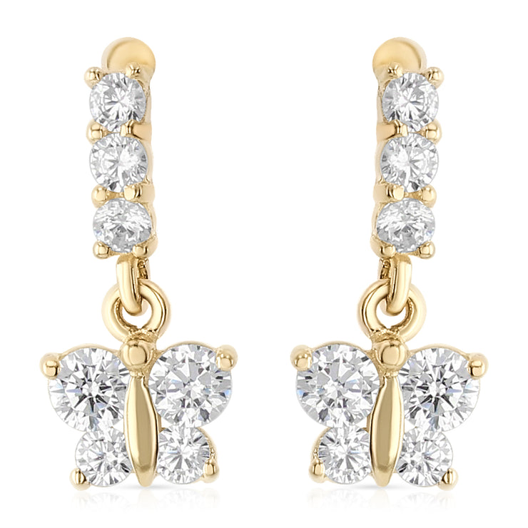 14K Gold CZ ButterFly Drop Stud Earrings